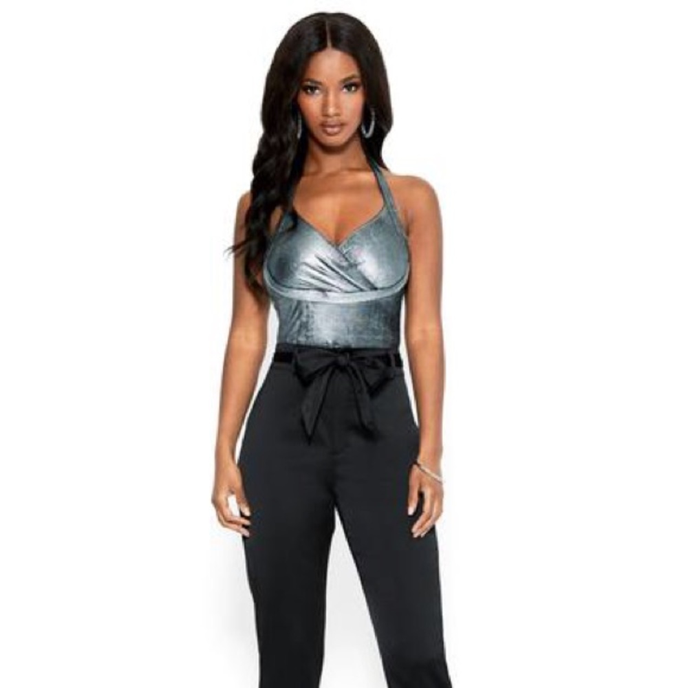 STRETCH SATIN BOW WAIST TROUSER